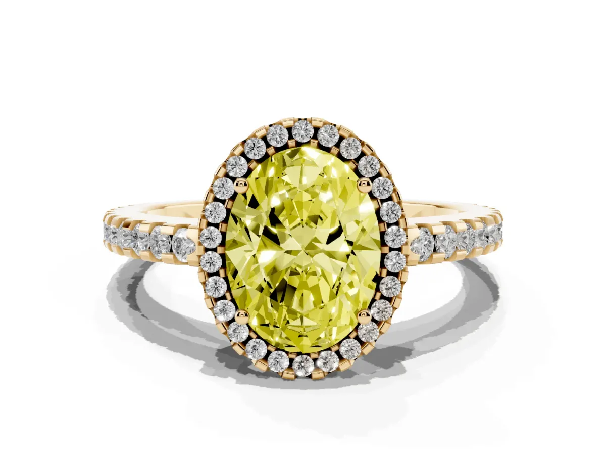 Fancy Yellow Oval Cut Diamond Halo Engagement Ring with Pavé Band and Prong Setting Yellow gold