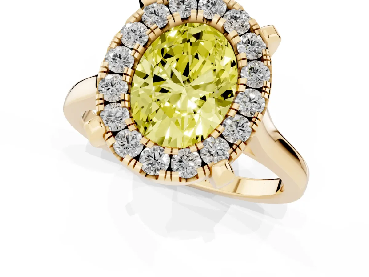 Fancy Yellow Oval Cut Diamond Cluster Halo Solitaire with Four-Prong Setting Yellow gold