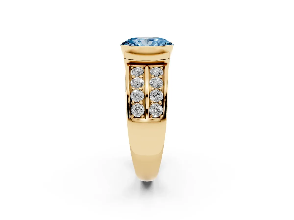 Fancy Blue Oval Cut Brilliant Diamond Channel Set Wide Band Ring with Bezel Setting Yellow gold