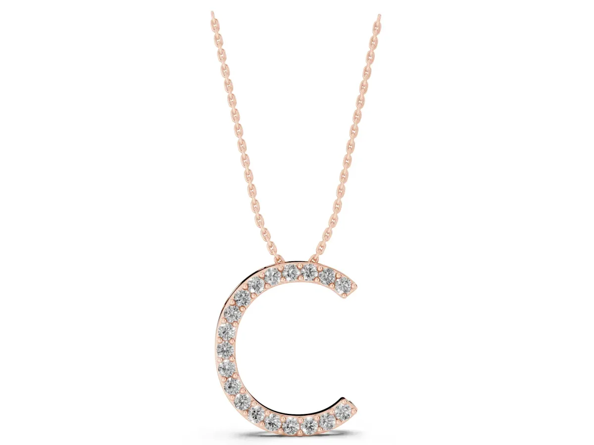 Round Diamond Pavé C Pendant Necklace Rose gold