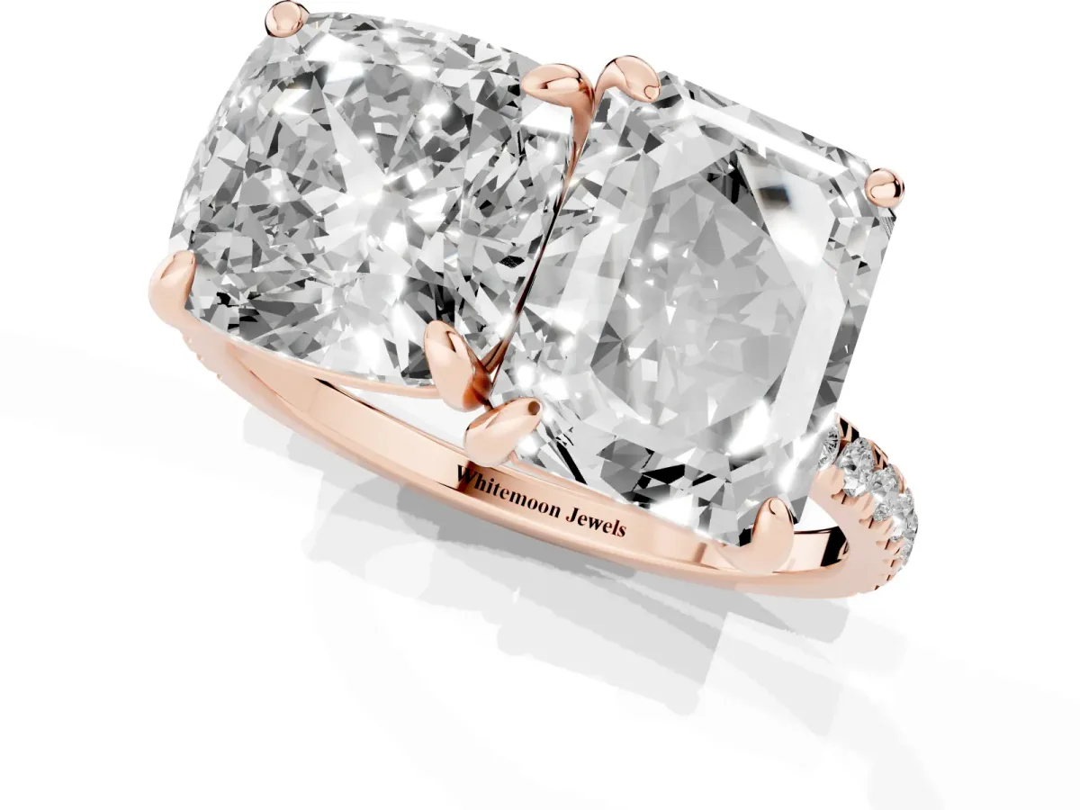 Cushion and Emerald Toi Moi Ring with Prong Setting and Micro Pave Band Rose gold