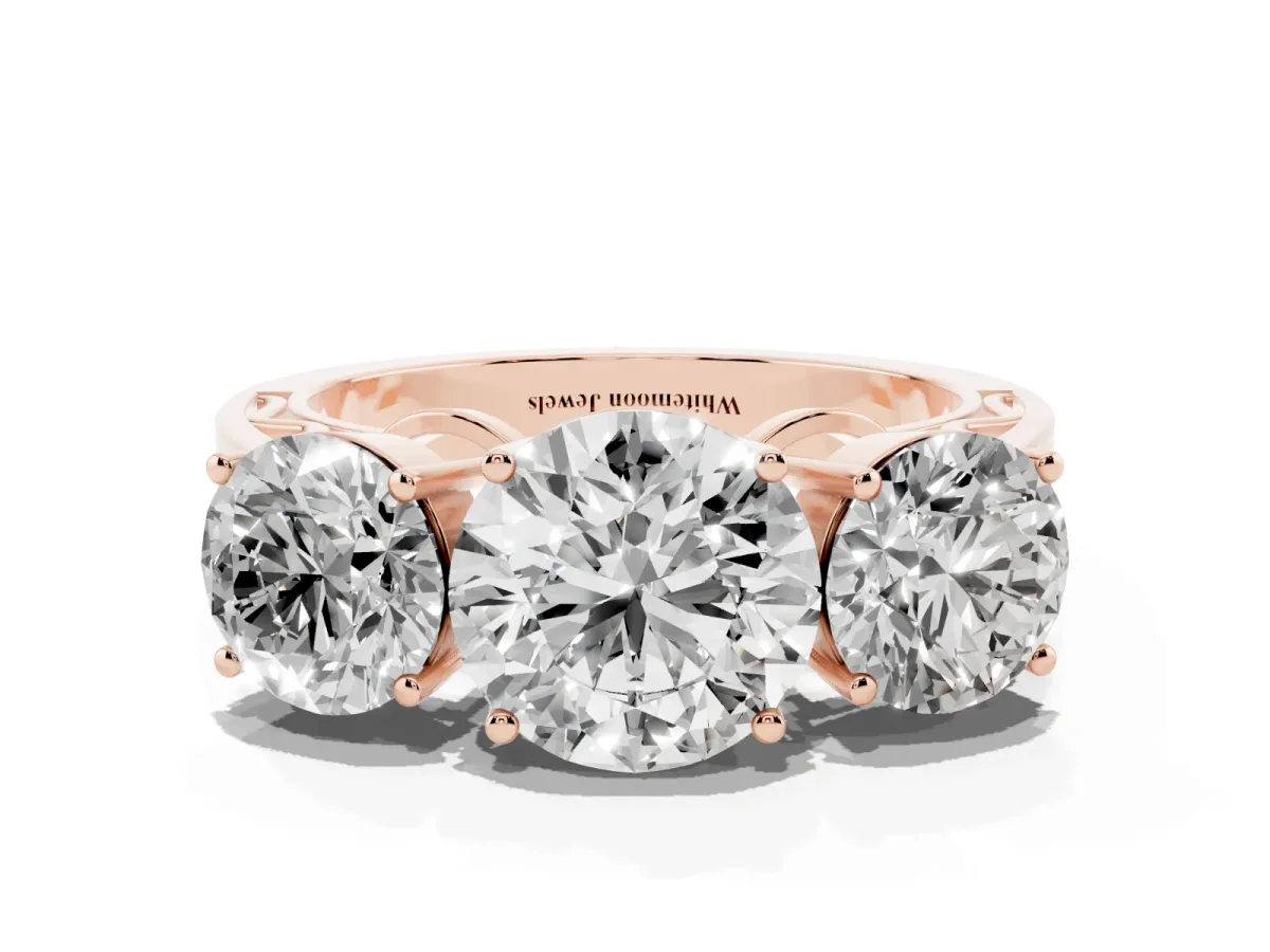 Round Cut Diamond Three-Stone Ring with Prong Setting and Textured Band Rose gold