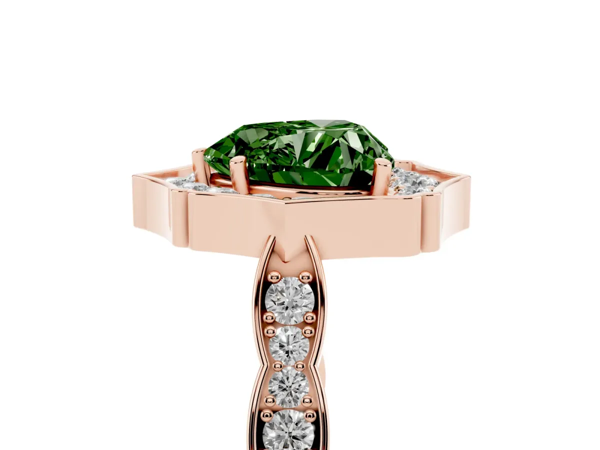 Fancy Green Heart Cut Halo Diamond Engagement Ring with Milgrain Band and Four-Prong Setting Rose gold