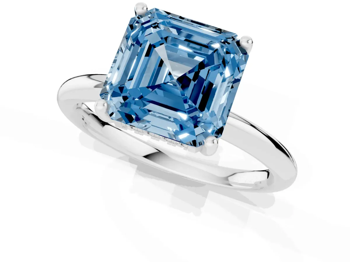 Fancy Blue Asscher Cut Cut Solitaire Engagement Ring with Four-Prong Setting and Classic Band Silver