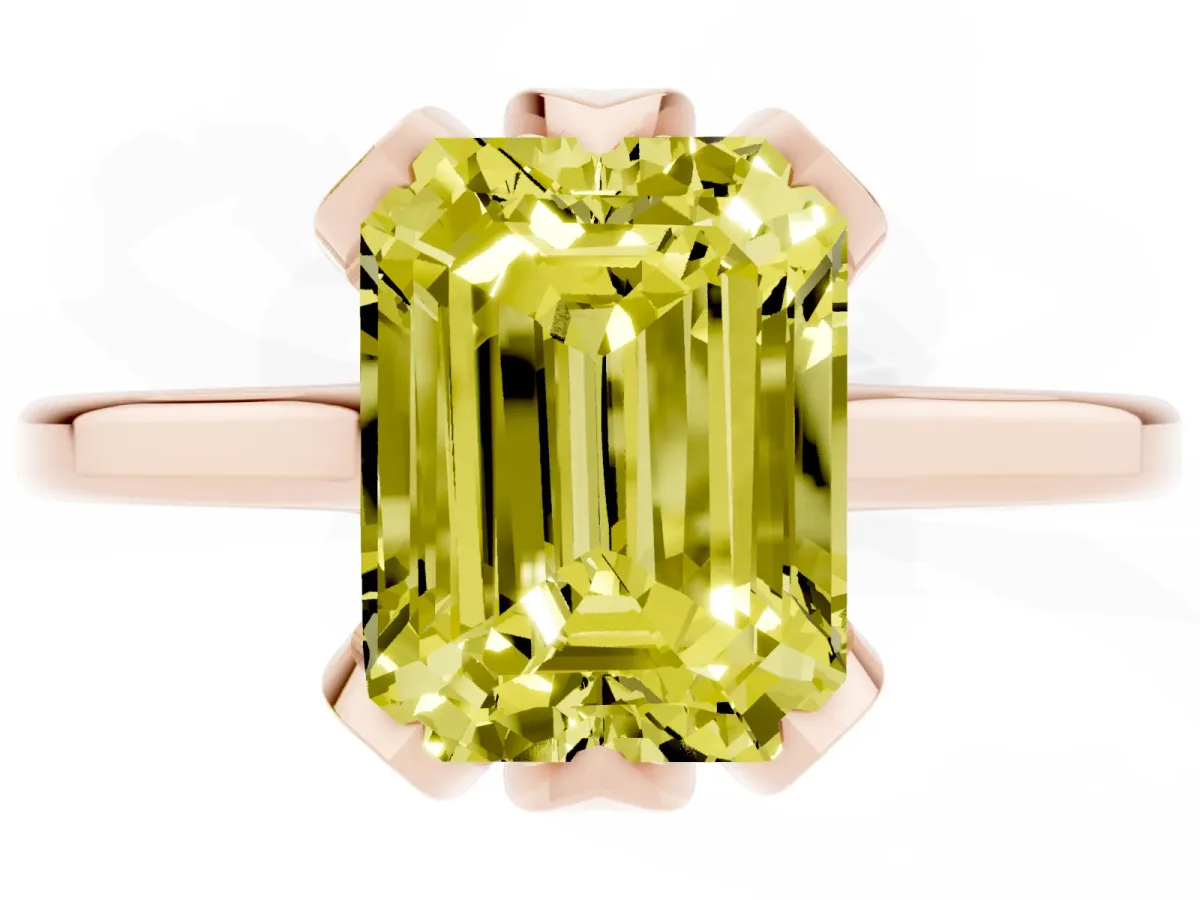 Fancy Yellow Emerald Cut Diamond Solitaire Ring with Flower Prong Setting and Classic Band Rose gold