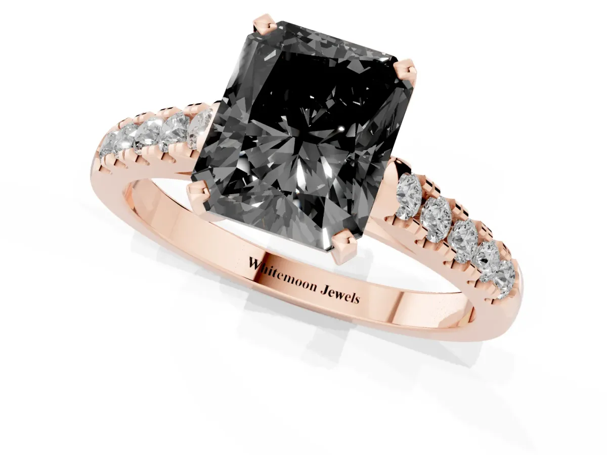 Fancy Black Radiant Cut Diamond Pavé Band Solitaire Ring with Prong Setting Rose gold