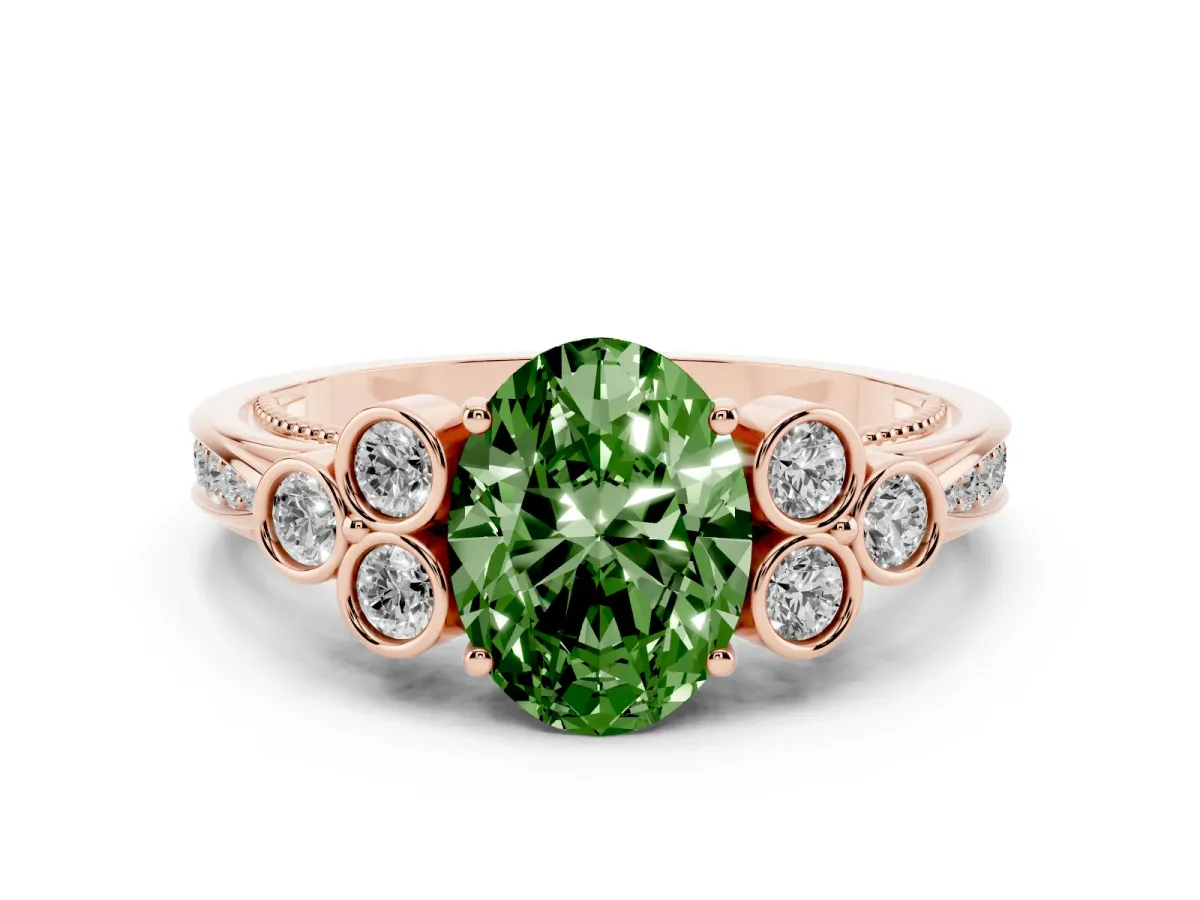 Fancy Green Oval Cut Cut Diamond Engagement Ring with Bezel Set Round Side Stones and Prong Setting Rose gold