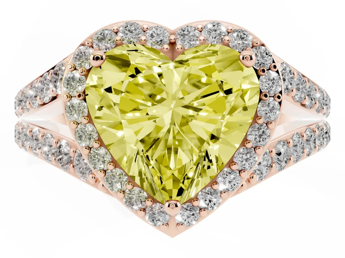 Fancy Yellow Heart Cut Diamond Split Shank Halo Ring with Four-Prong Setting Rose gold