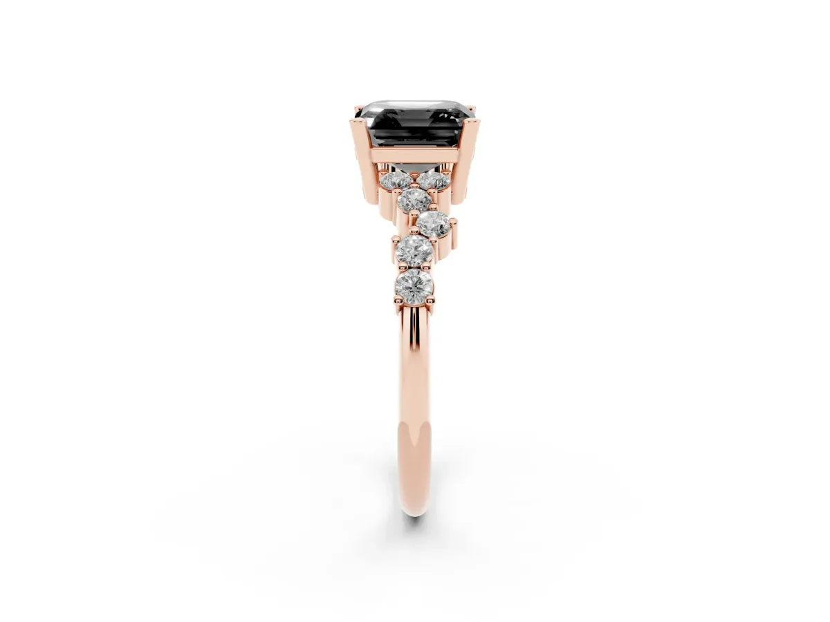 Fancy Black Asscher Cut Diamond Scattered Round Accent Ring with Prong Setting Rose gold