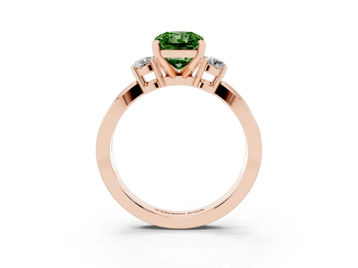 Fancy Green Three-Stone Radiant Cut Cut Diamond Twist Band with Prong Setting Rose gold