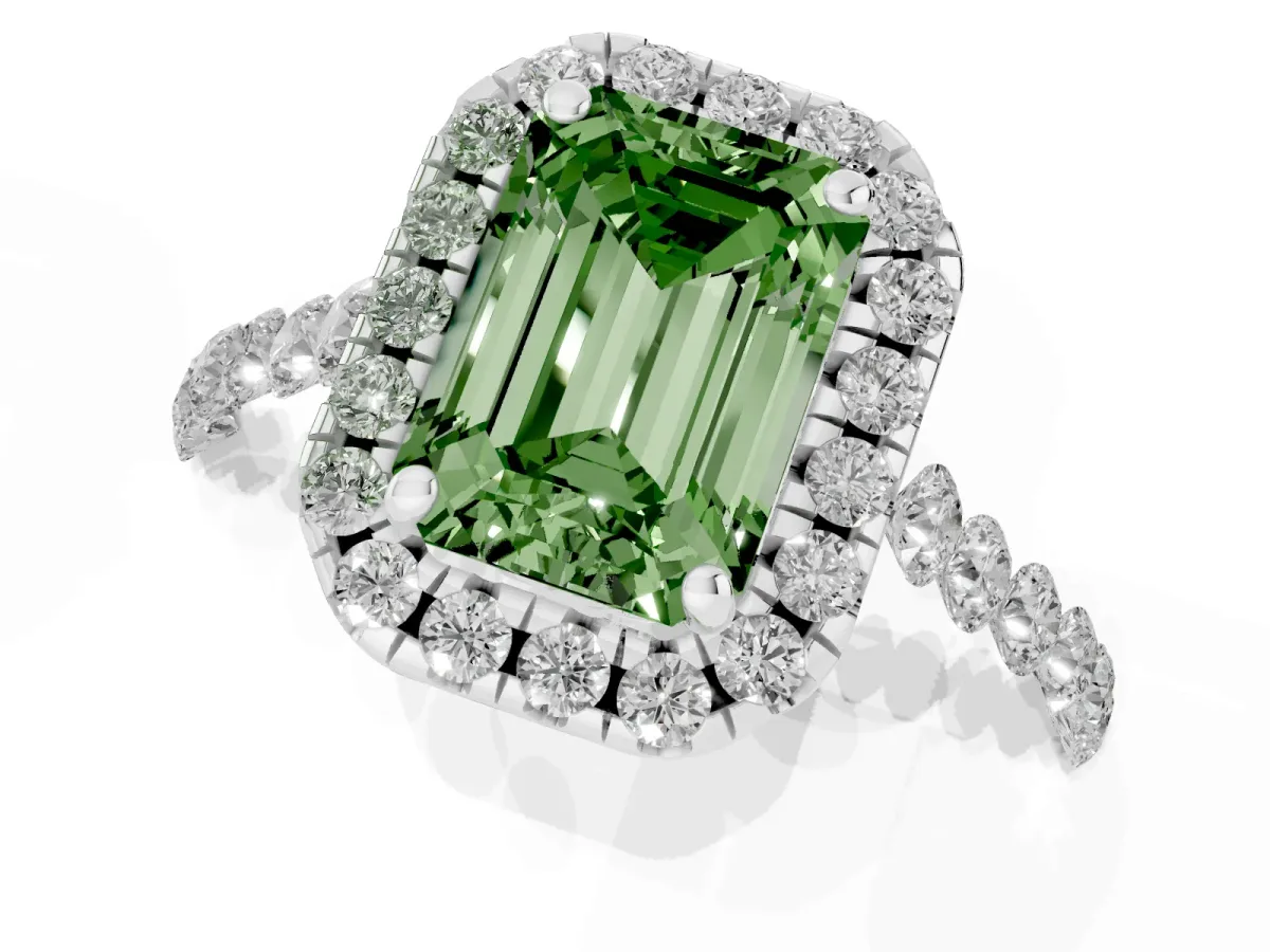 Fancy Green Emerald Cut Halo Pavé Diamond Engagement Ring with Four-Prong Setting Silver