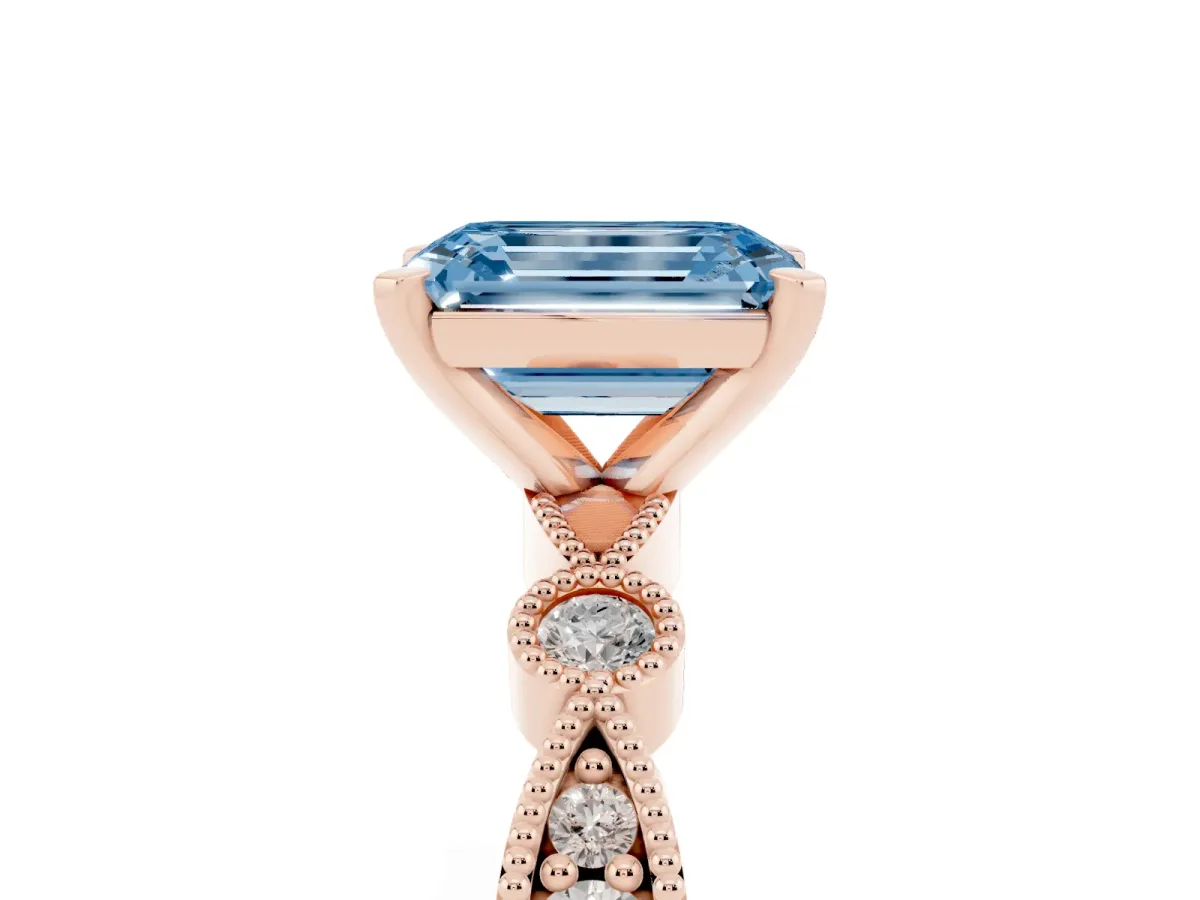 Fancy Blue Emerald Cut Milgrain Bezel Diamond Engagement Ring with Solitaire Prong Setting Rose gold