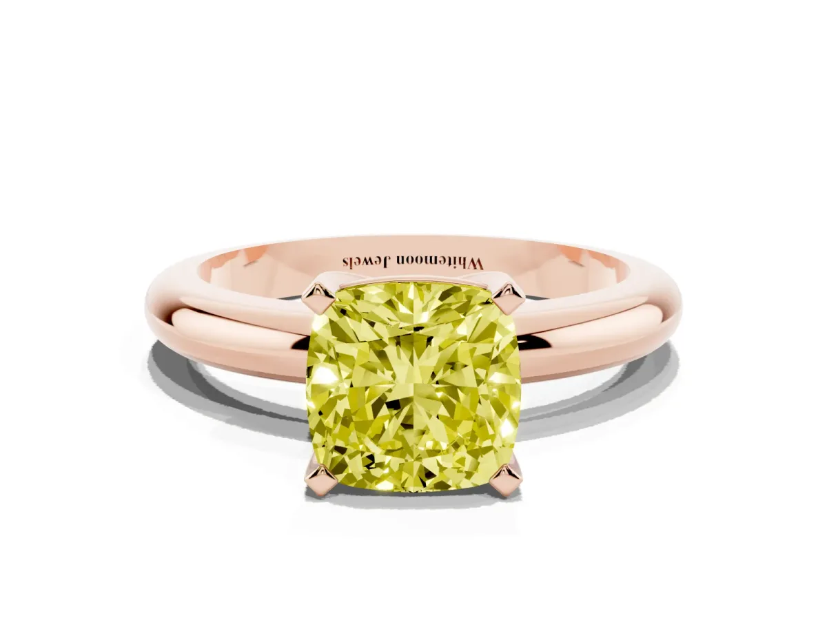 Fancy Yellow Cushion Cut Diamond Solitaire Engagement Ring with Round Band and Four-Prong Setting Rose gold