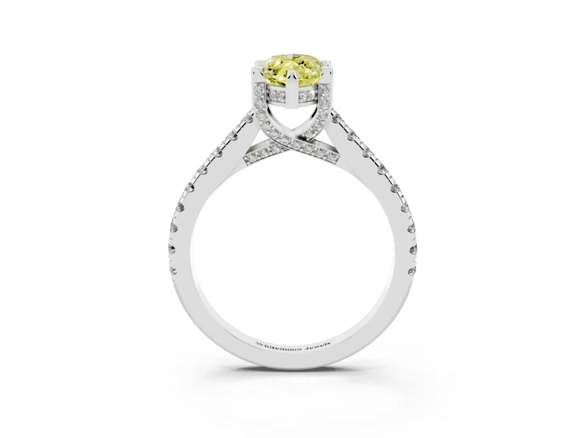 Fancy Yellow Marquise Cut Brilliant Diamond Solitaire with Pavé Band and Four-Prong Setting Silver