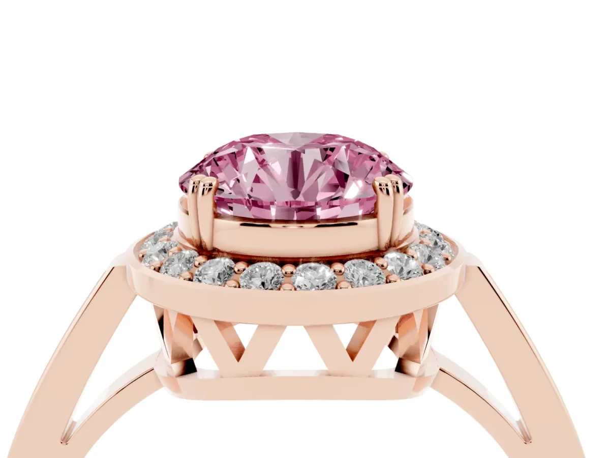 Fancy Pink Round Cut Diamond Halo Ring with Split Shank and Four-Prong Setting Rose gold