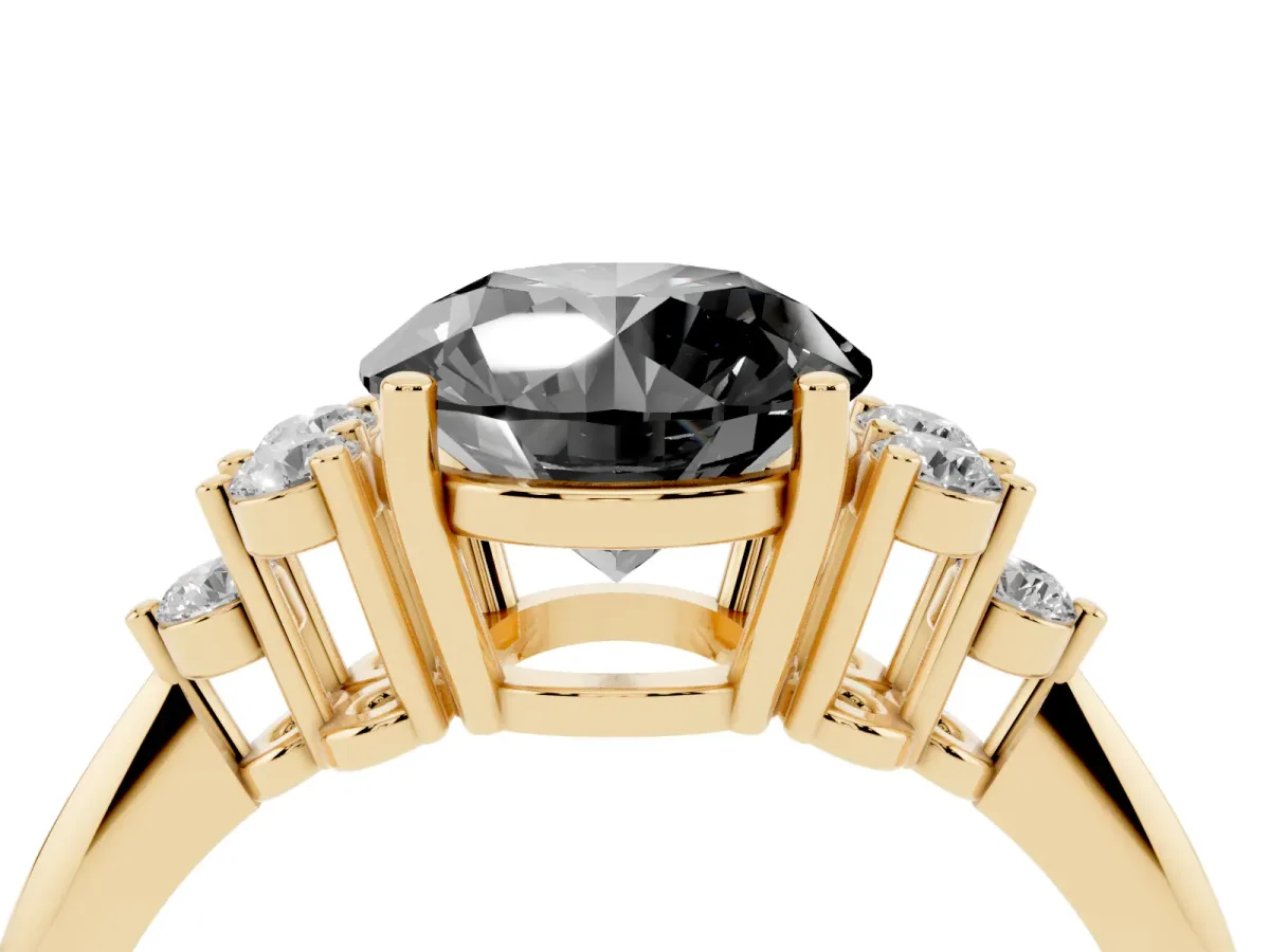 Fancy Black Round Cut Cut Diamond Cluster Ring with Solitaire Band and Four-Prong Setting Yellow gold