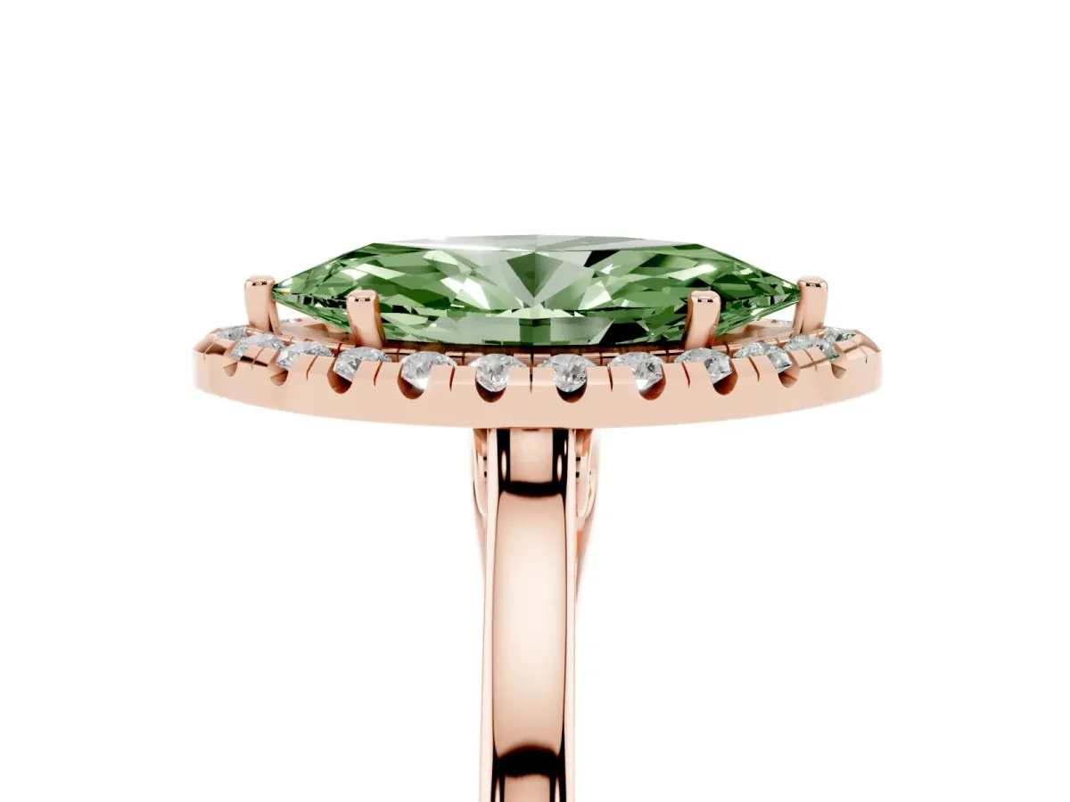 Fancy Green Marquise Cut Halo Round Diamond Solitaire Ring with Pavé Band and Four-Prong Setting Rose gold