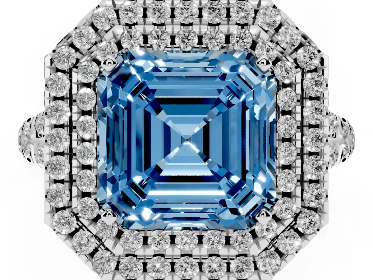 Fancy Blue Asscher Cut Diamond Pavé Split Shank Double Halo Engagement Ring Silver