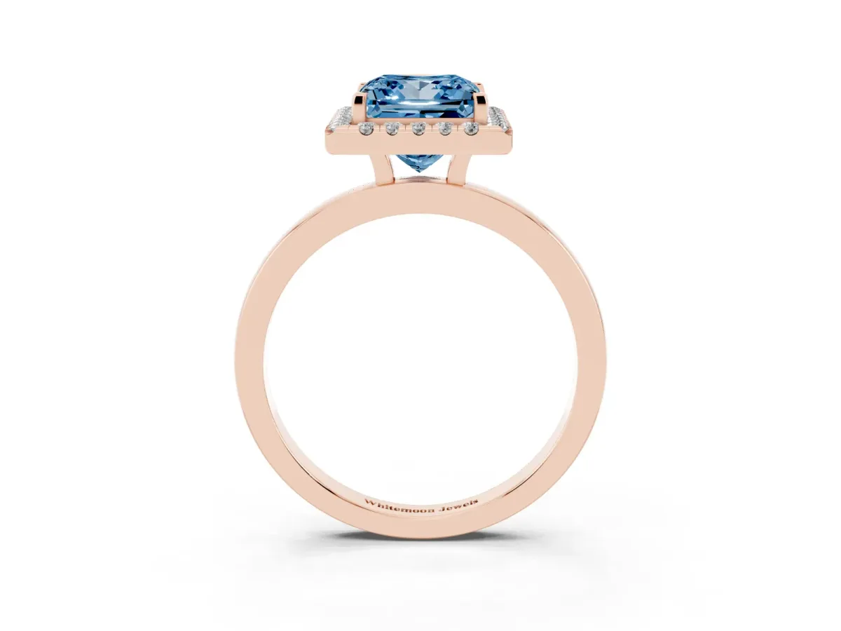 Fancy Blue Princess Cut Halo Diamond Solitaire with Pavé Band and Four-Prong Setting Rose gold