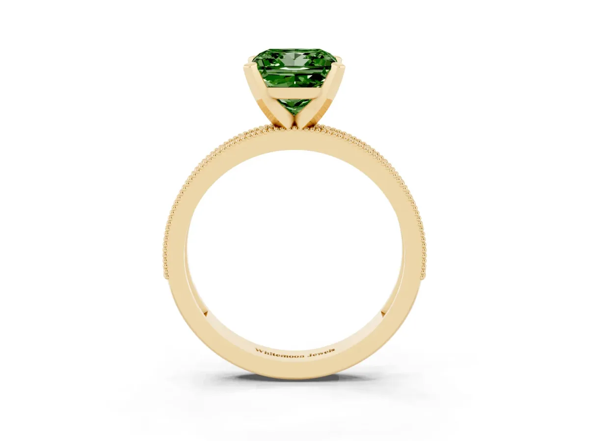 Fancy Green Princess Cut Diamond Milgrain Pavé Engagement Ring with Four-Prong Setting Yellow gold
