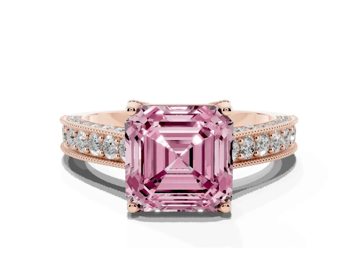 Fancy Pink Asscher Cut Cut Diamond Solitaire Ring with Milgrain Pave Band and Four Prong Setting Rose gold