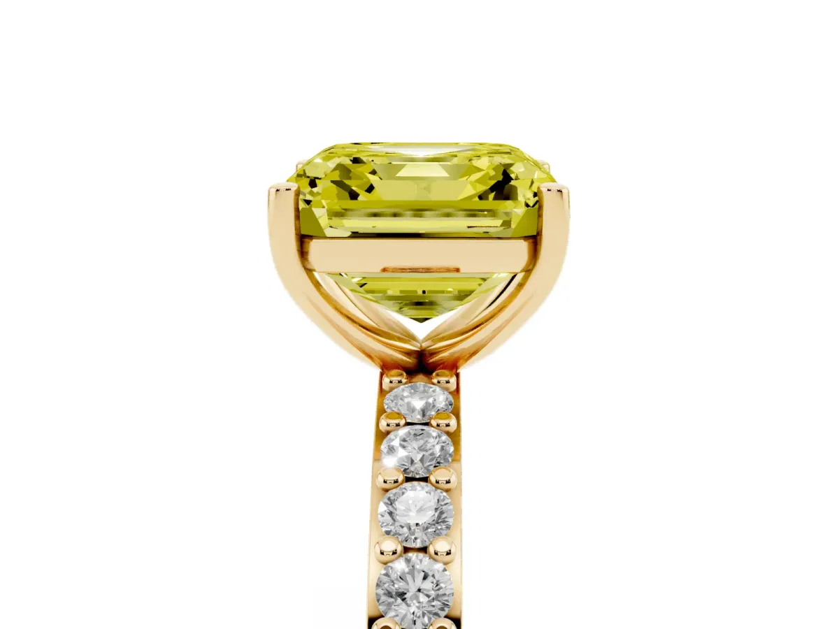 Fancy Yellow Asscher Cut Cut Diamond Solitaire with Pave Band and Four-Prong Setting Yellow gold