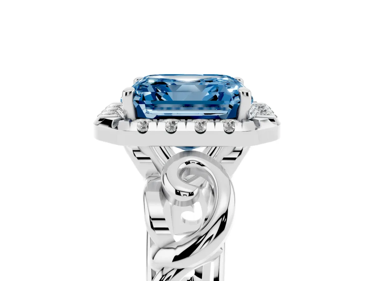 Fancy Blue Asscher Cut Cut Halo Diamond Ring with Scrollwork Band and Four-Prong Setting Silver