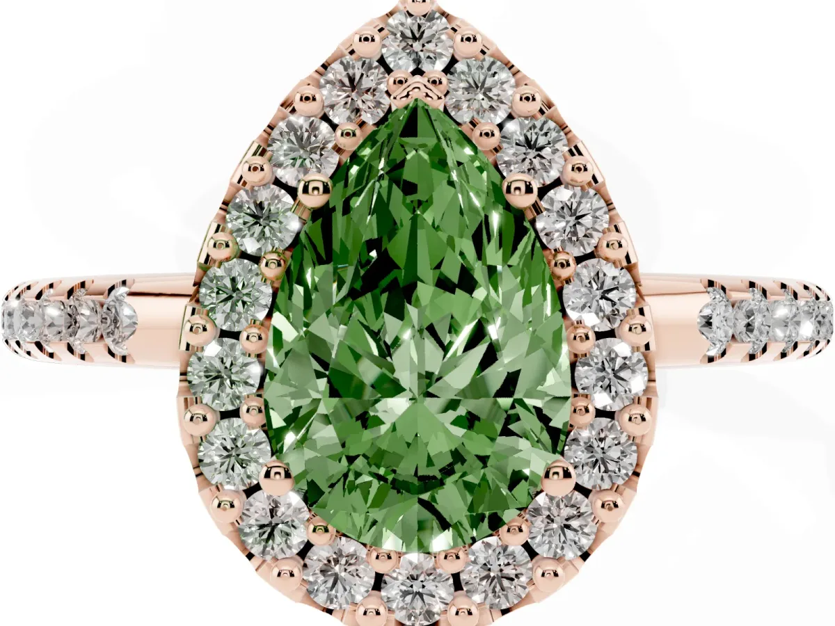 Fancy Green Pear Cut Diamond Pavé Halo Ring with Four-Prong Setting Rose gold