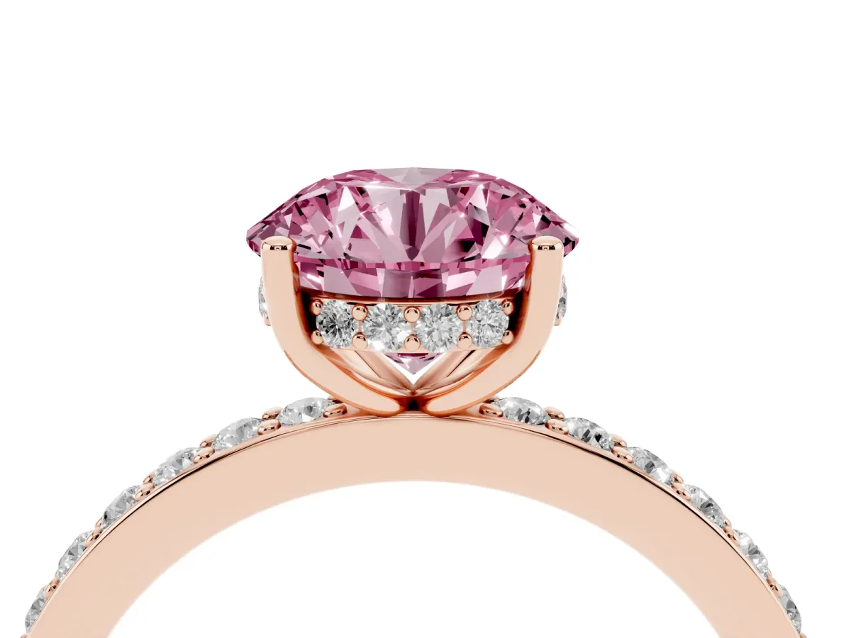 Fancy Pink Round Cut Cut Diamond Pavé Band Ring with Four-Prong Setting Rose gold