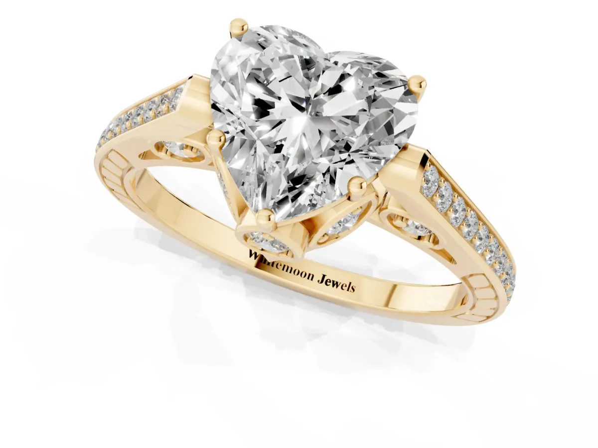 Heart Cut Cut Cathedral Pave Diamond Engagement Ring with Six-Prong Setting Yellow gold