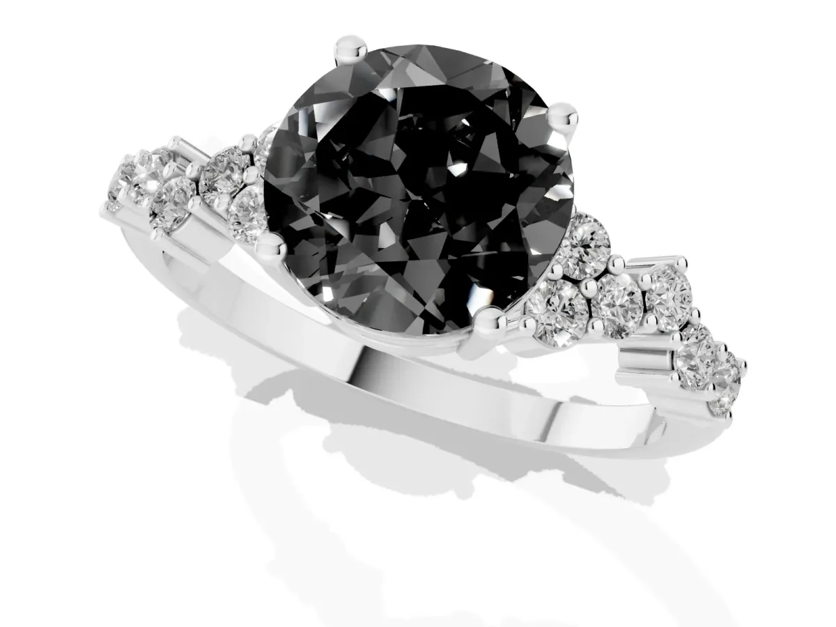 Fancy Black Round Cut Diamond Scattered Round Accent Ring with Prong Setting Silver