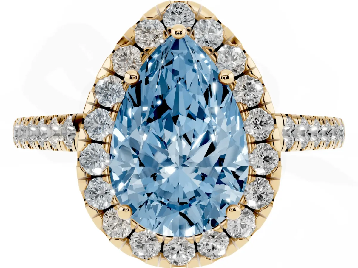 Fancy Blue Pear Cut Halo Pave Diamond Engagement Ring with Four-Prong Setting Yellow gold