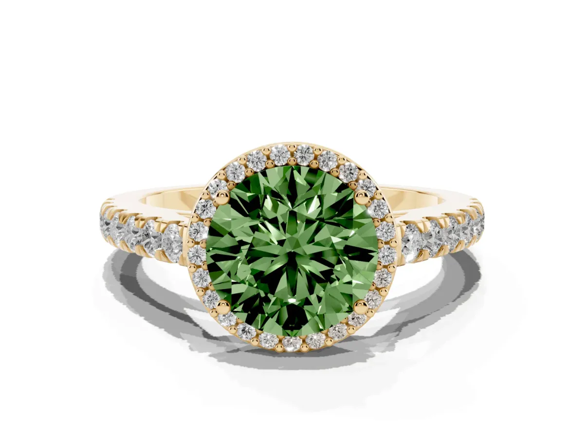 Fancy Green Round Cut Cut Halo Diamond Engagement Ring with Pave Band and Four-Prong Setting Yellow gold