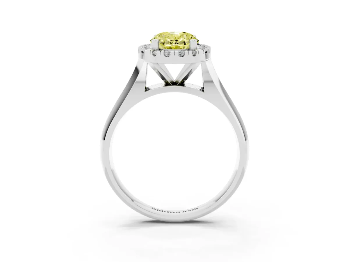 Fancy Yellow Oval Cut Cut Halo Solitaire Engagement Ring with Square Band and Four-Prong Setting Silver