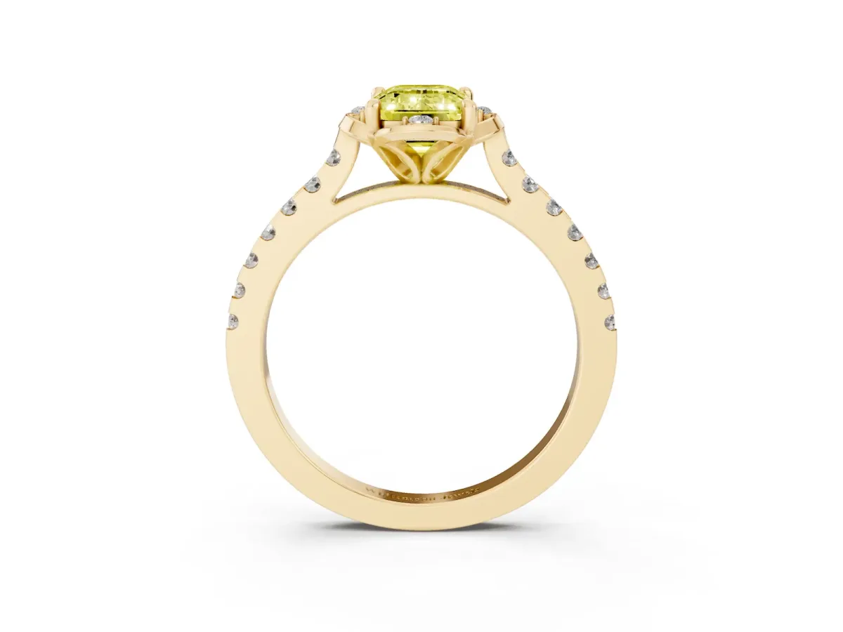 Fancy Yellow Emerald Cut Diamond Ring with Pavé Band and Floral Prong Setting Yellow gold