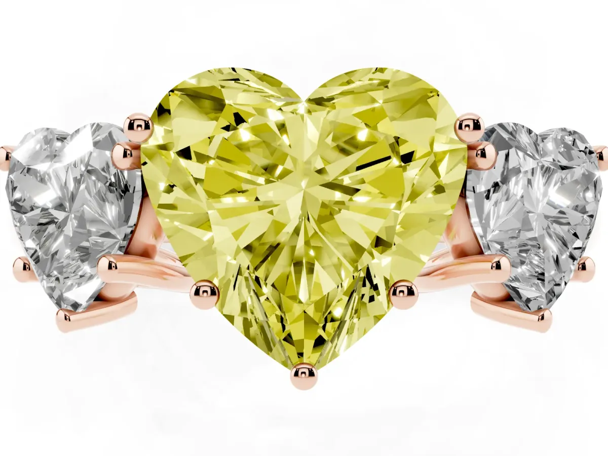 Fancy Yellow Three-Stone Heart Cut Diamond Engagement Ring with Prong Setting Rose gold