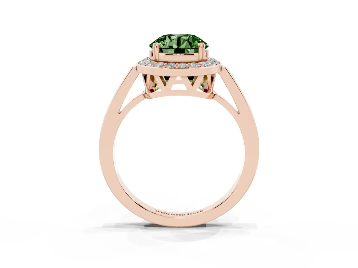 Fancy Green Round Cut Diamond Halo Ring with Split Shank and Four-Prong Setting Rose gold
