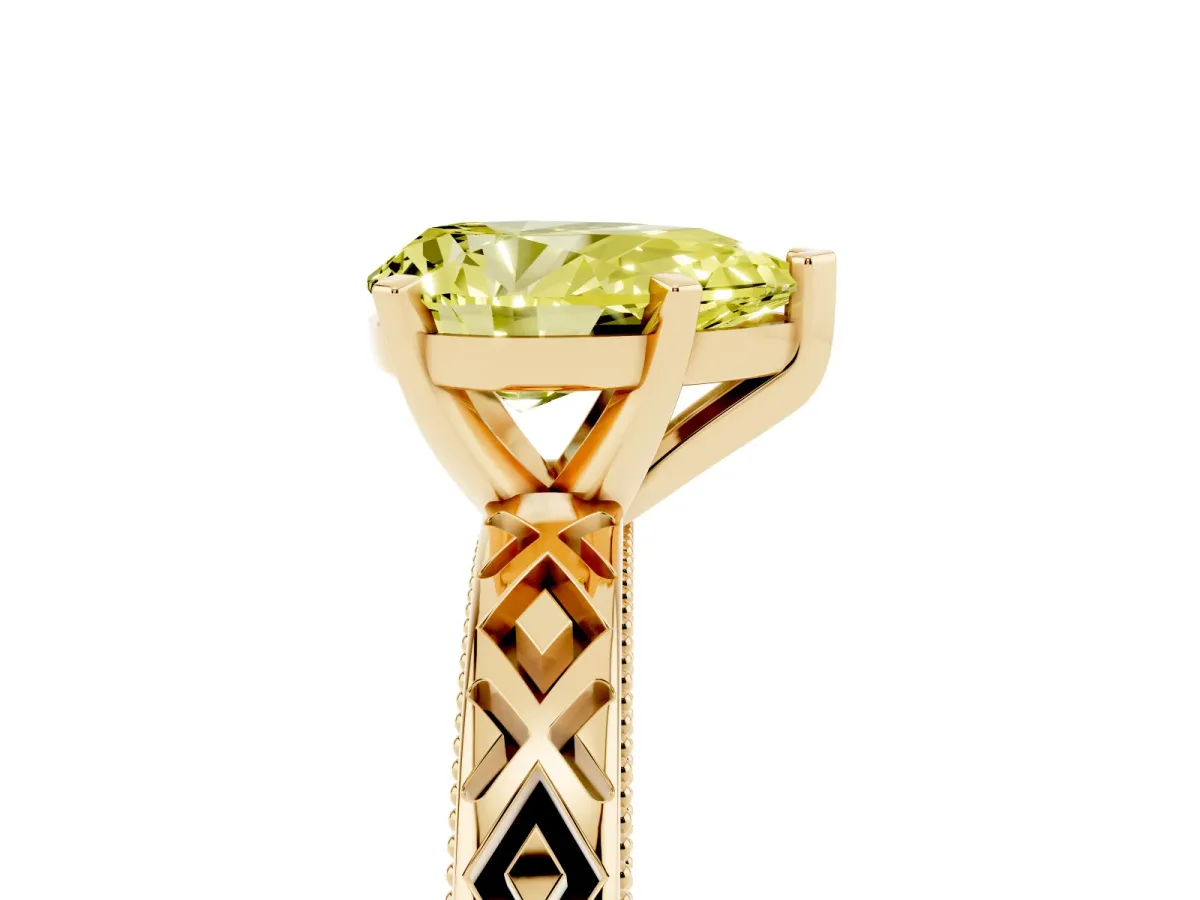 Fancy Yellow Pear Cut Solitaire Diamond Ring with Milgrain and Black Enamel X Pattern Band Yellow gold