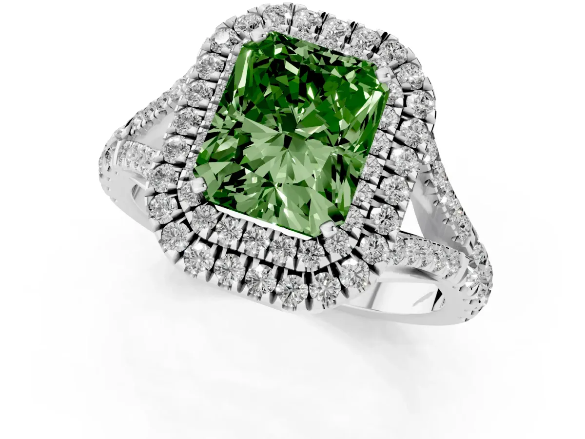 Fancy Green Double Halo Radiant Cut Diamond Split Shank Engagement Ring with Four-Prong Setting Silver