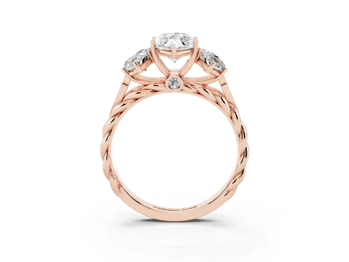 Three-Stone Marquise Cut Diamond Braided Band Ring with Four-Prong Setting Rose gold
