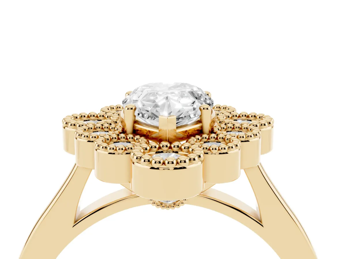 Pear Cut Halo Diamond Cluster Engagement Ring with Milgrain Bezel Setting and Solitaire Band Yellow gold