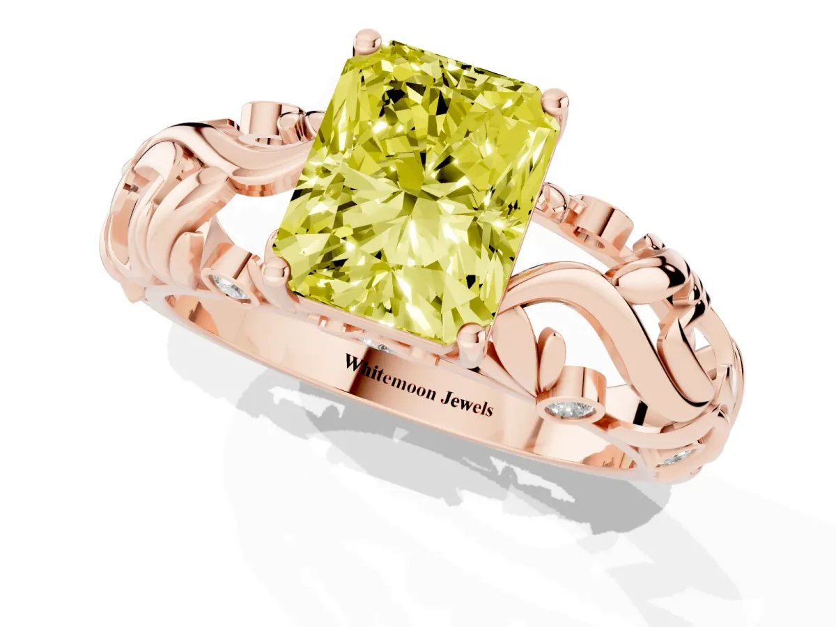 Fancy Yellow Radiant Cut Solitaire Diamond Leaf-Inspired Vine Band Ring with Prong Setting Rose gold
