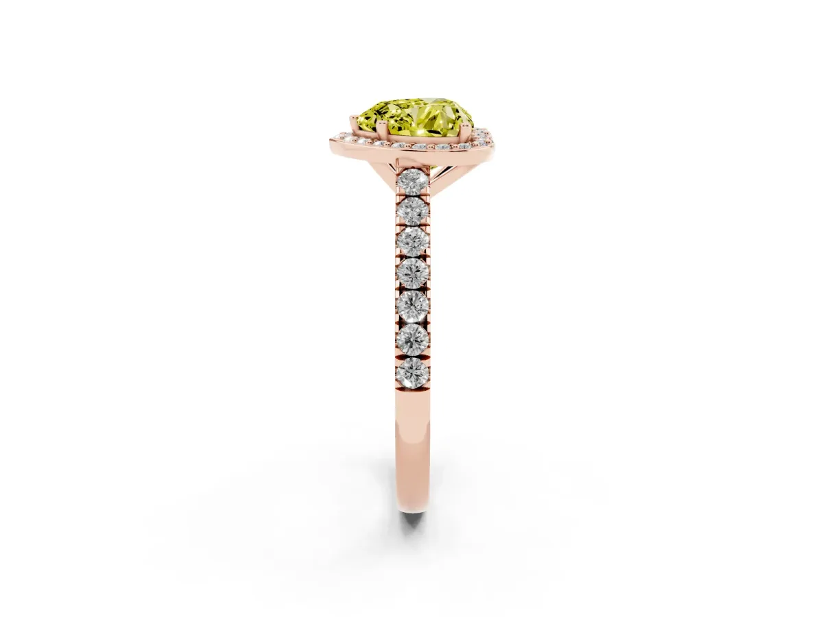 Fancy Yellow Heart Cut Cut Halo Diamond Engagement Ring with Pave Band and Four-Prong Setting Rose gold