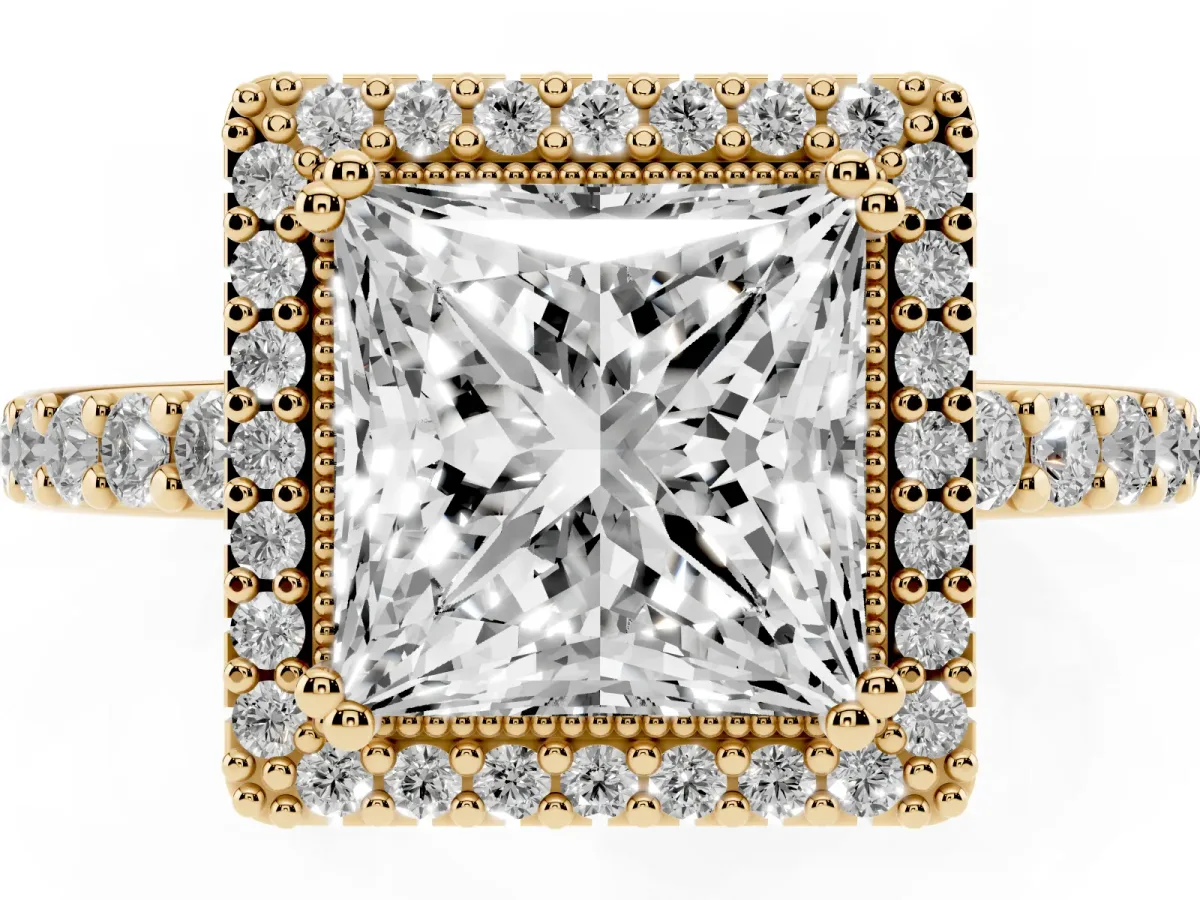 Princess Cut Cut Diamond Halo Engagement Ring with Milgrain Detail and Pavé Band Yellow gold