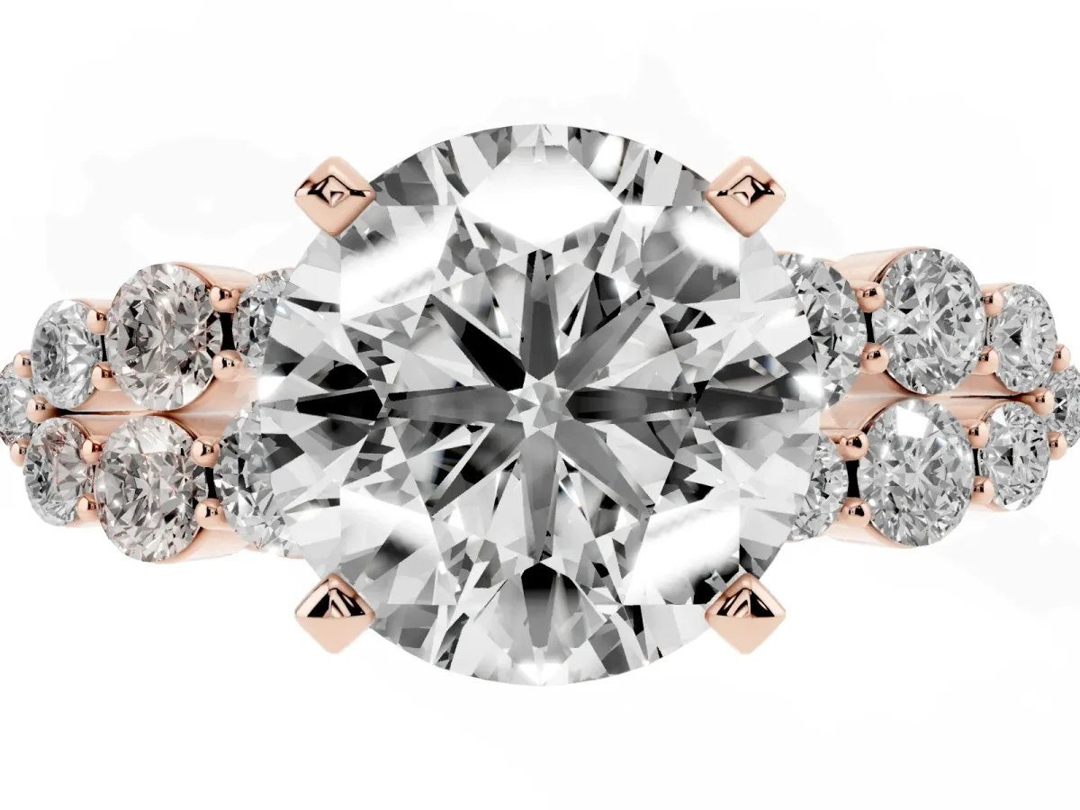 Round Cut Cluster Diamond Engagement Ring with Pavé Band and Four-Prong Setting Rose gold