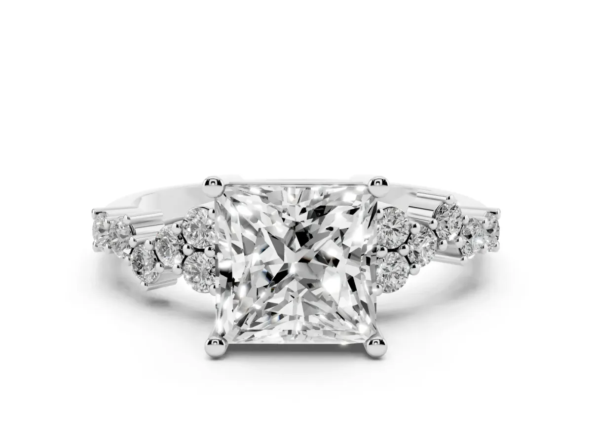 Princess Cut Diamond Scattered Round Accent Ring with Prong Setting Silver