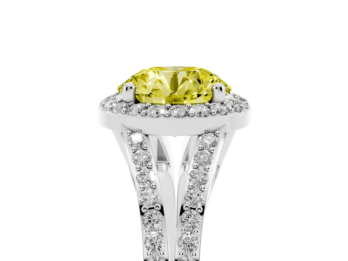 Fancy Yellow Round Cut Halo Split Shank Pave Diamond Ring with Four-Prong Setting Silver