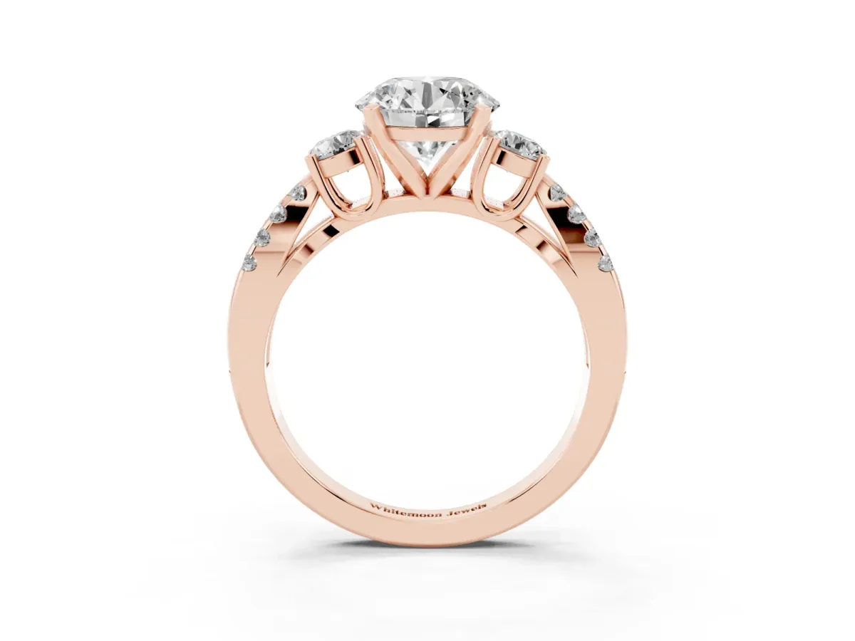 Round Cut Diamond Three-Stone Ring with Pavé Split Shank and Four-Prong Setting Rose gold