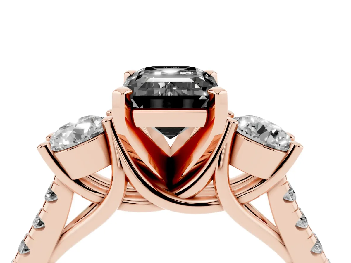 Fancy Black Three-Stone Emerald Cut Diamond Pavé Band with Four-Prong Setting Rose gold