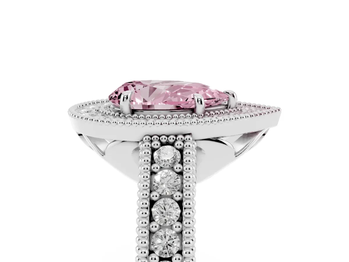 Fancy Pink Pear Cut Cut Halo Diamond Ring with Pavé Band and Four-Prong Setting Silver